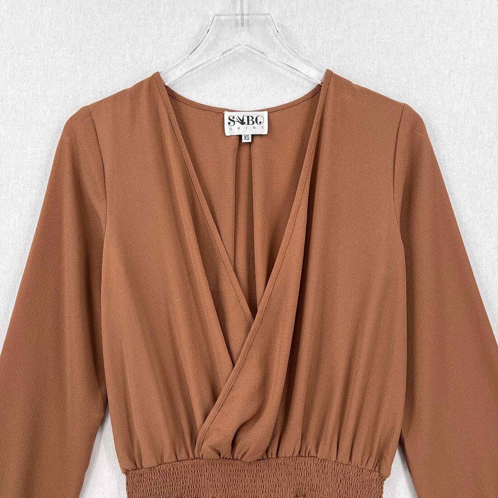 SABO SKIRT Mini Dress Women XS Brown Wrap Long Sleeve Smocked Waist Pull on - Picture 4 of 16
